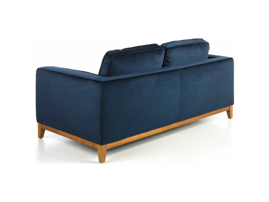 Two-seater sofa in blue velvet-effect fabric and walnut wood
