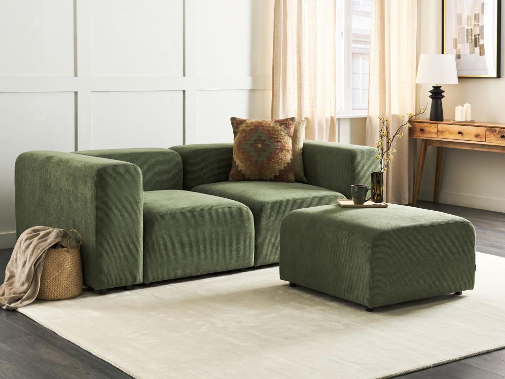 Modular sofa in green corduroy with ottoman