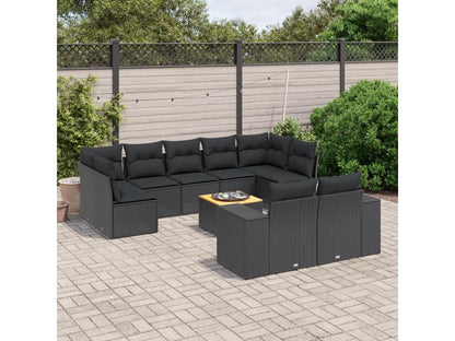 10-piece garden furniture set with cushions, black woven resin
