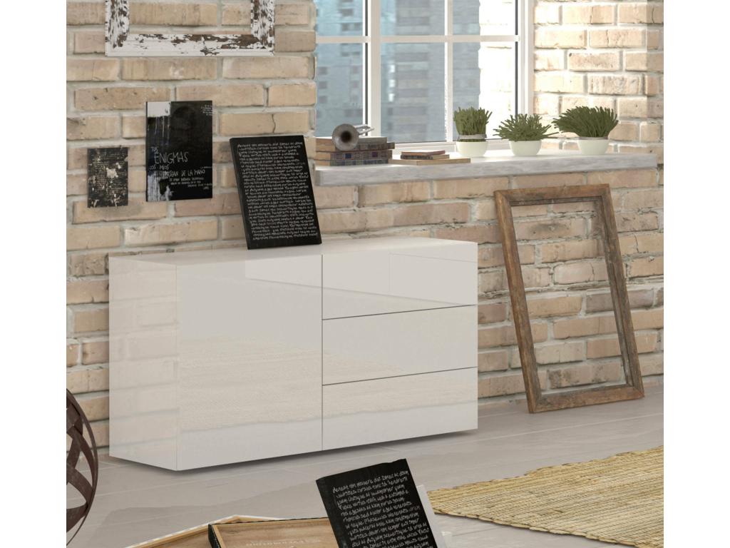 Kitchen sideboard with 1 door and 3 drawers, living room sideboard, kitchen sideboard, Made in Italy, 110x40x35 cm, glossy white