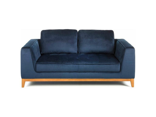 Two-seater sofa in blue velvet-effect fabric and walnut wood