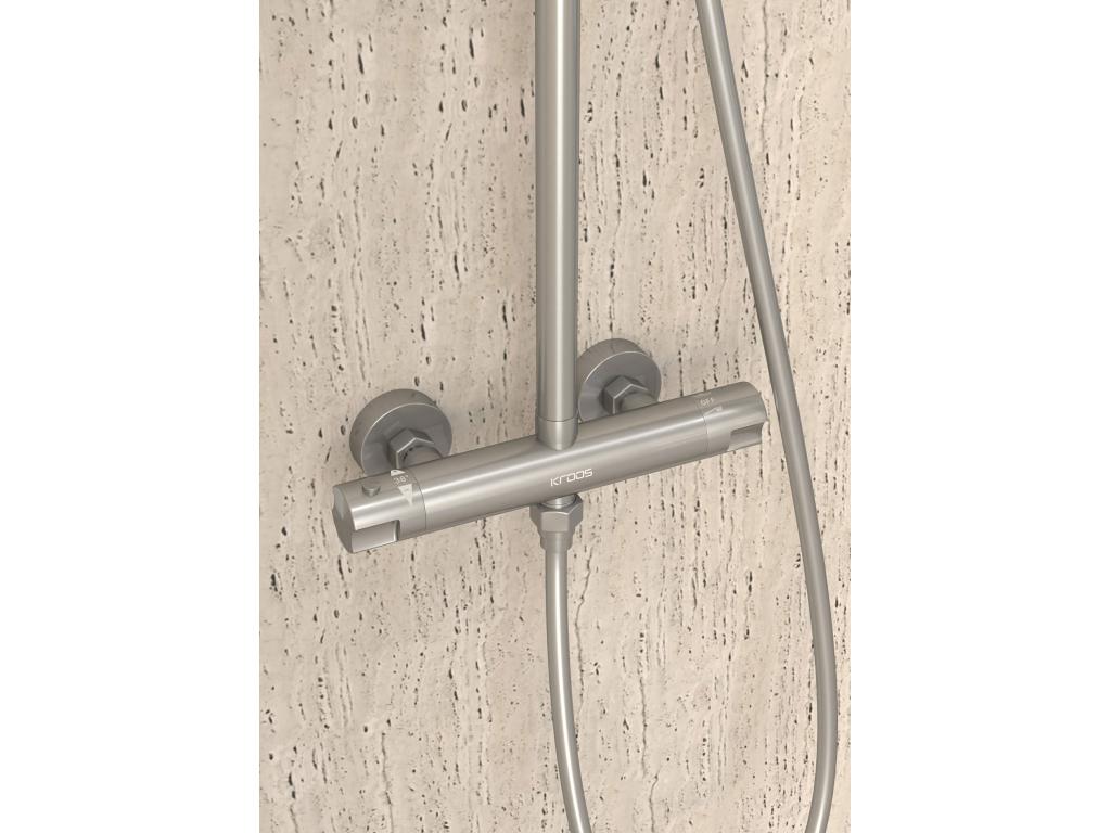 Round thermostatic shower column, brushed nickel finish -