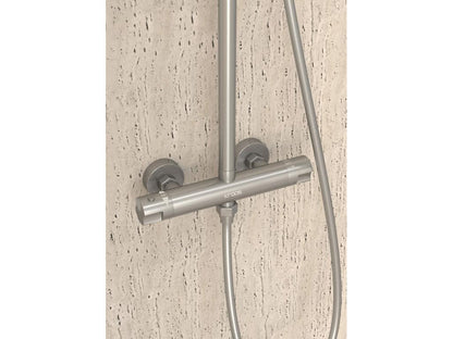 Round thermostatic shower column, brushed nickel finish -