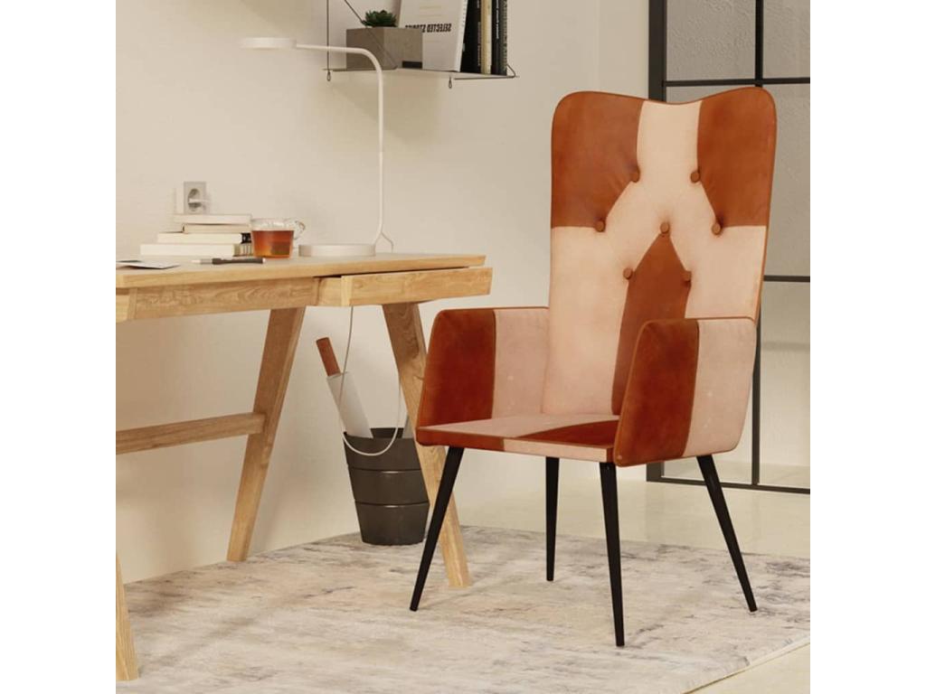 Wingback chair, brown and cream, genuine leather