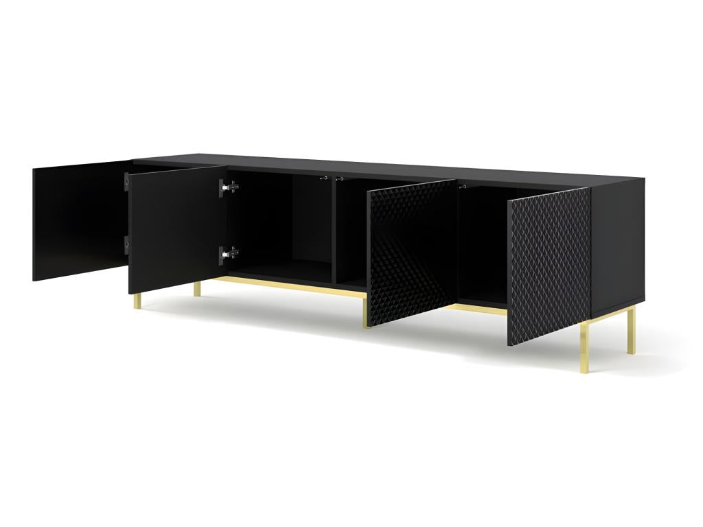 TV stand/Hi-Fi unit on legs, matte black, 200x42x58cm, Ravi C Diamond framed gold base