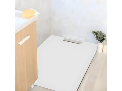 Extra-flat 80x100cm resin shower tray with a white slate-effect surface