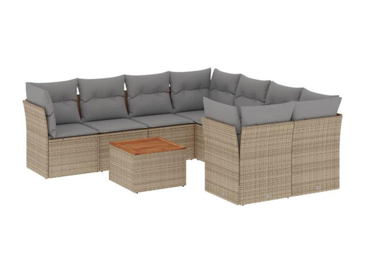 9-piece garden furniture set with cushions, beige woven resin