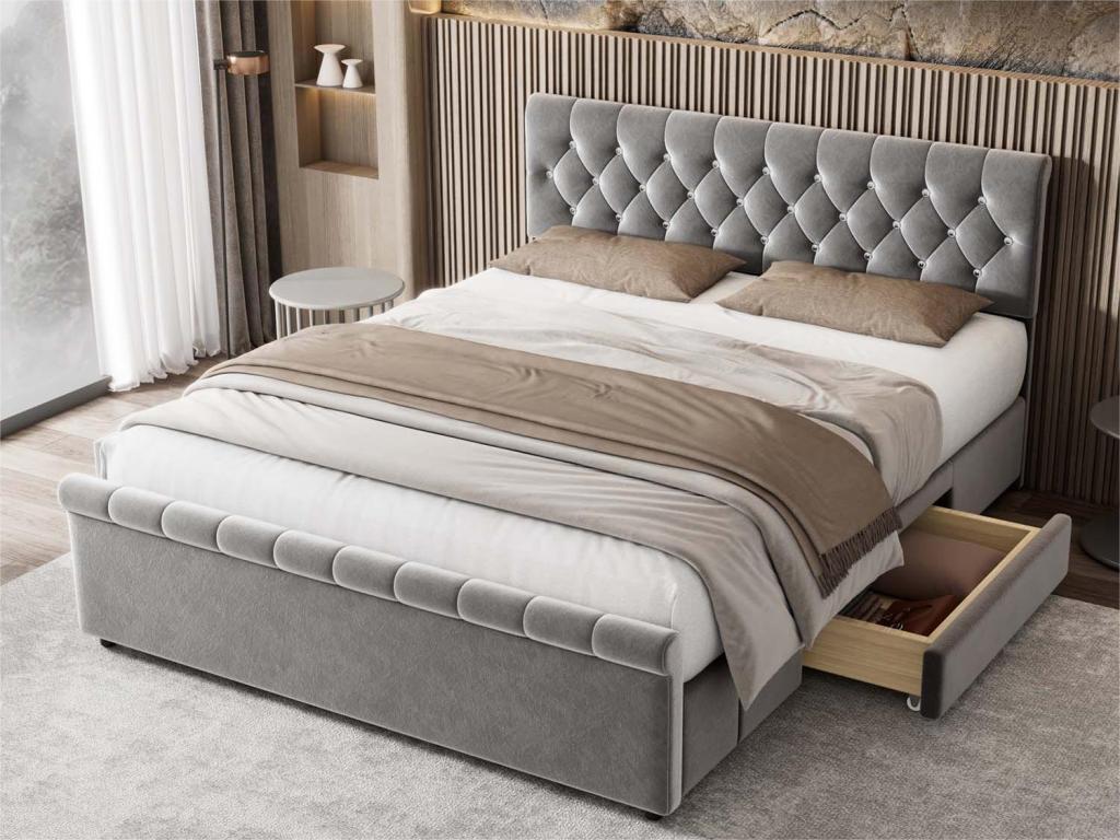 140x200cm velvet bed with 2 drawers - sled-shaped footboard - Grey