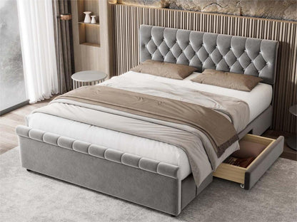 140x200cm velvet bed with 2 drawers - sled-shaped footboard - Grey
