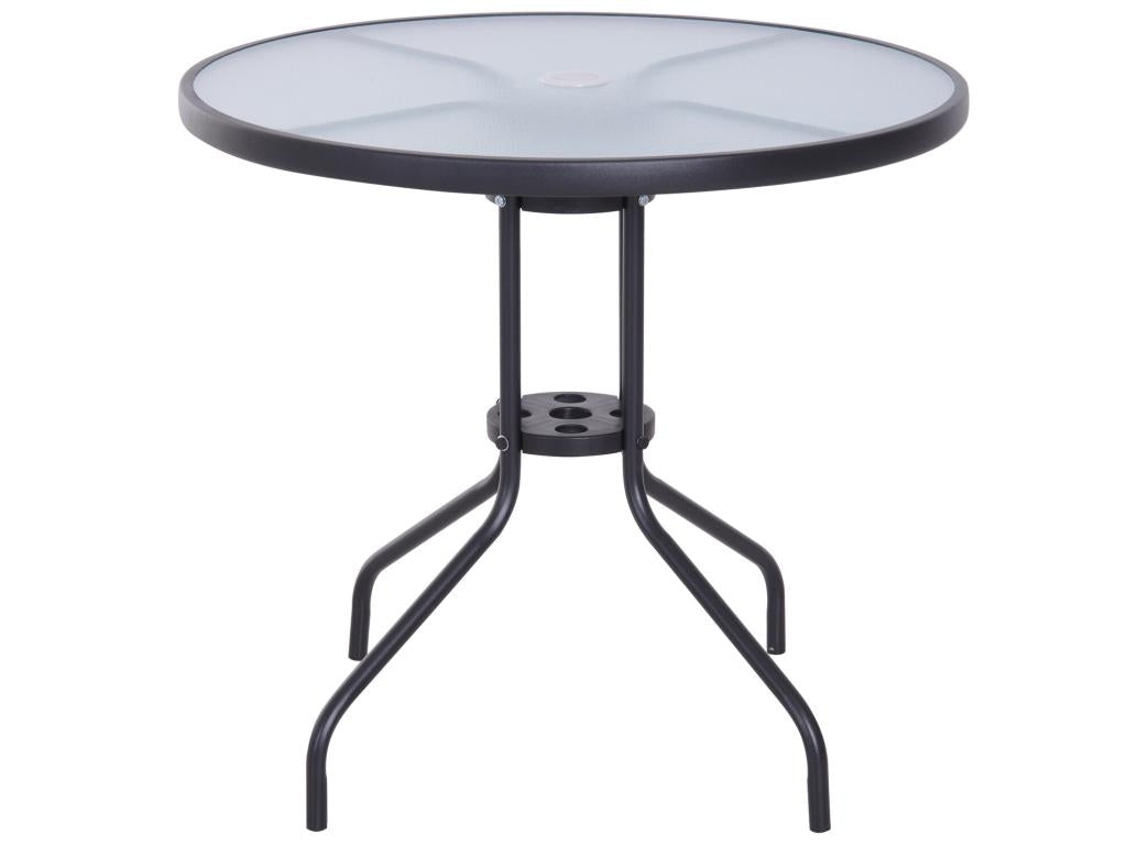 Round garden table, dimensions - 80x72H cm, space for parasol installation, black epoxy-coated steel, tempered glass top