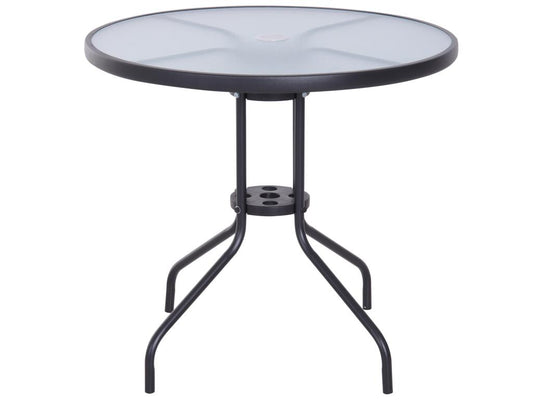 Round garden table, dimensions - 80x72H cm, space for parasol installation, black epoxy-coated steel, tempered glass top