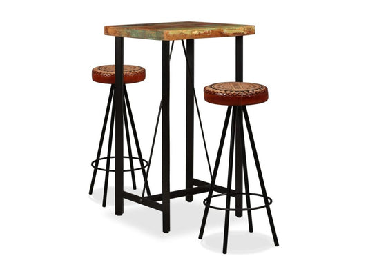 3-piece bar set made of reclaimed wood, genuine leather, and canvas