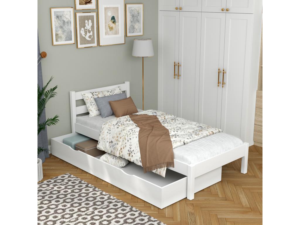 Single wooden bed - with drawer N01 White 100x200