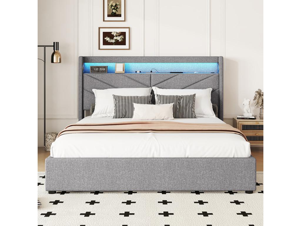 160x200 cm storage bed (mattress not included) with lamp, hydraulic system, USB port, hi-fi system, and grey linens.