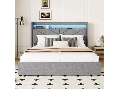 160x200 cm storage bed (mattress not included) with lamp, hydraulic system, USB port, hi-fi system, and grey linens.