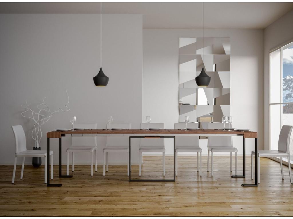 Extendable console table in solid pine with anthracite metal legs, seats 14, 40 to 300cm, Fonja